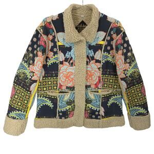 Johnny Was Biya Jacket Womens Large Multicolor Floral Boho Faux Sherpa Snap Up